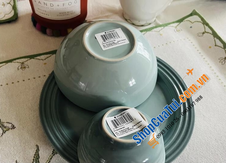 Set GỐM 3 món ĐĨA BÁT LE CREUSET MÀU HIẾM XANH SEA SALT.