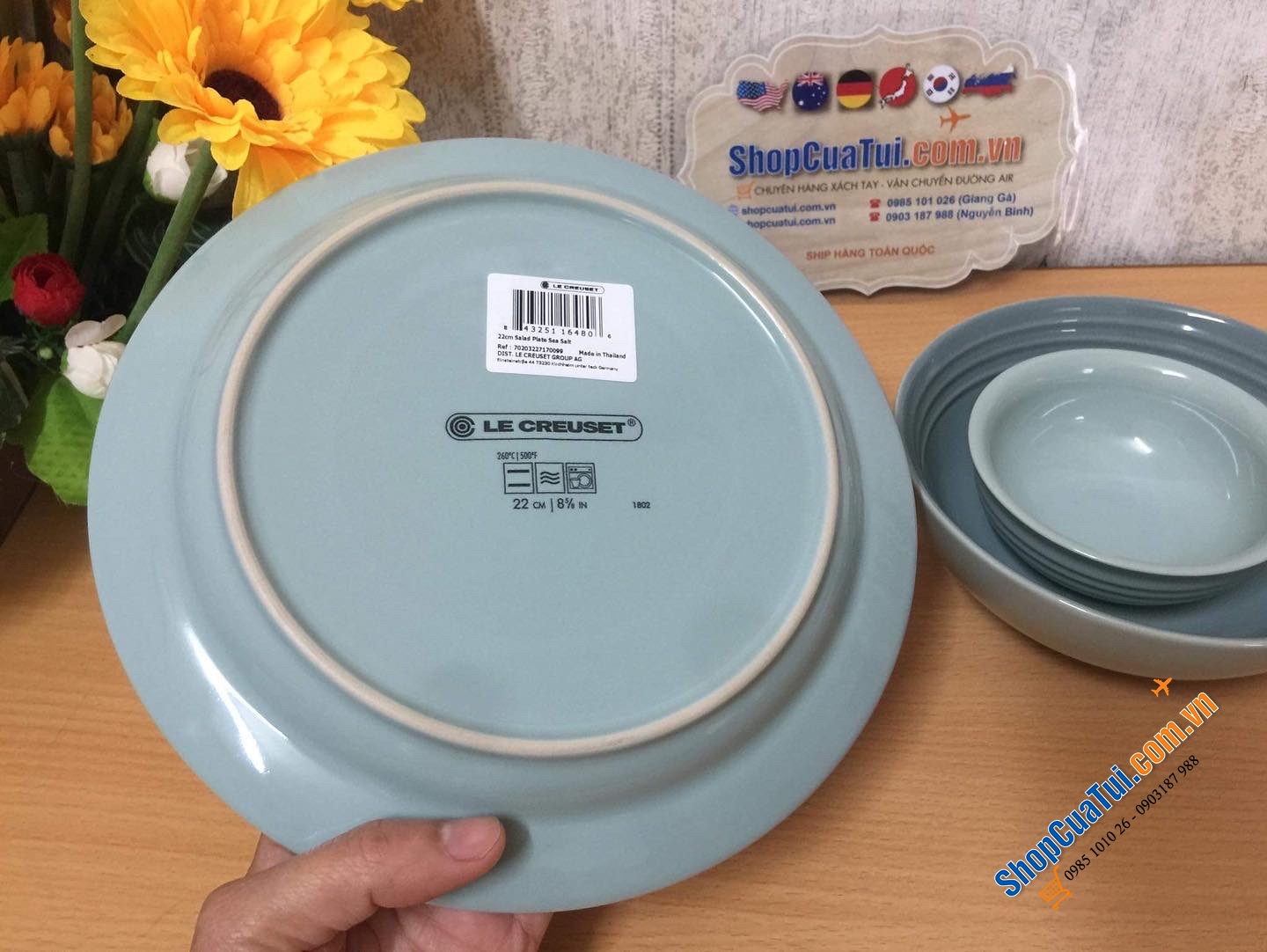 Set GỐM 3 món ĐĨA BÁT LE CREUSET MÀU HIẾM XANH SEA SALT.
