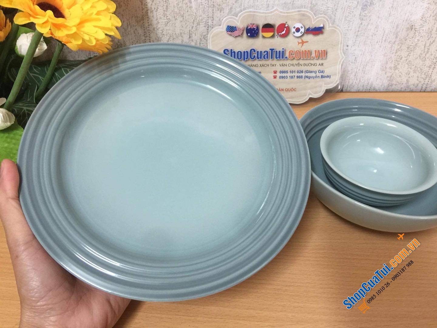 Set GỐM 3 món ĐĨA BÁT LE CREUSET MÀU HIẾM XANH SEA SALT.