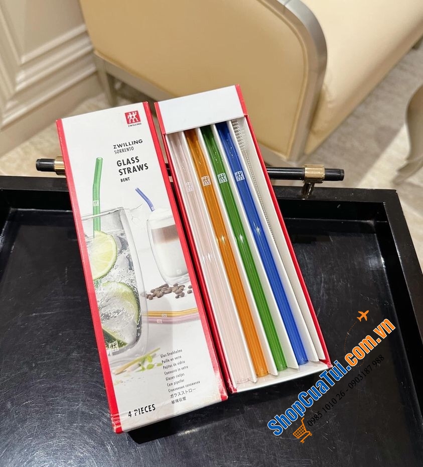 SET ỐNG HÚT THUỶ TINH MÀU SẮC 4 CÁI KÈM CHỔI ZWILLING 23 CM.