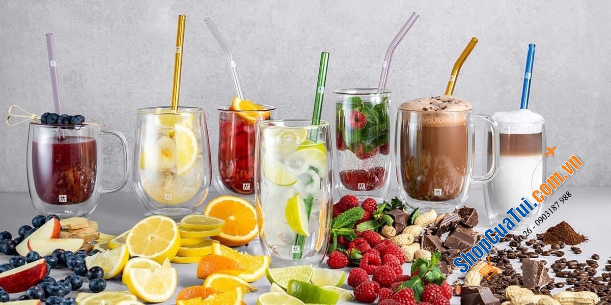 SET ỐNG HÚT THUỶ TINH MÀU SẮC 4 CÁI KÈM CHỔI ZWILLING 23 CM.