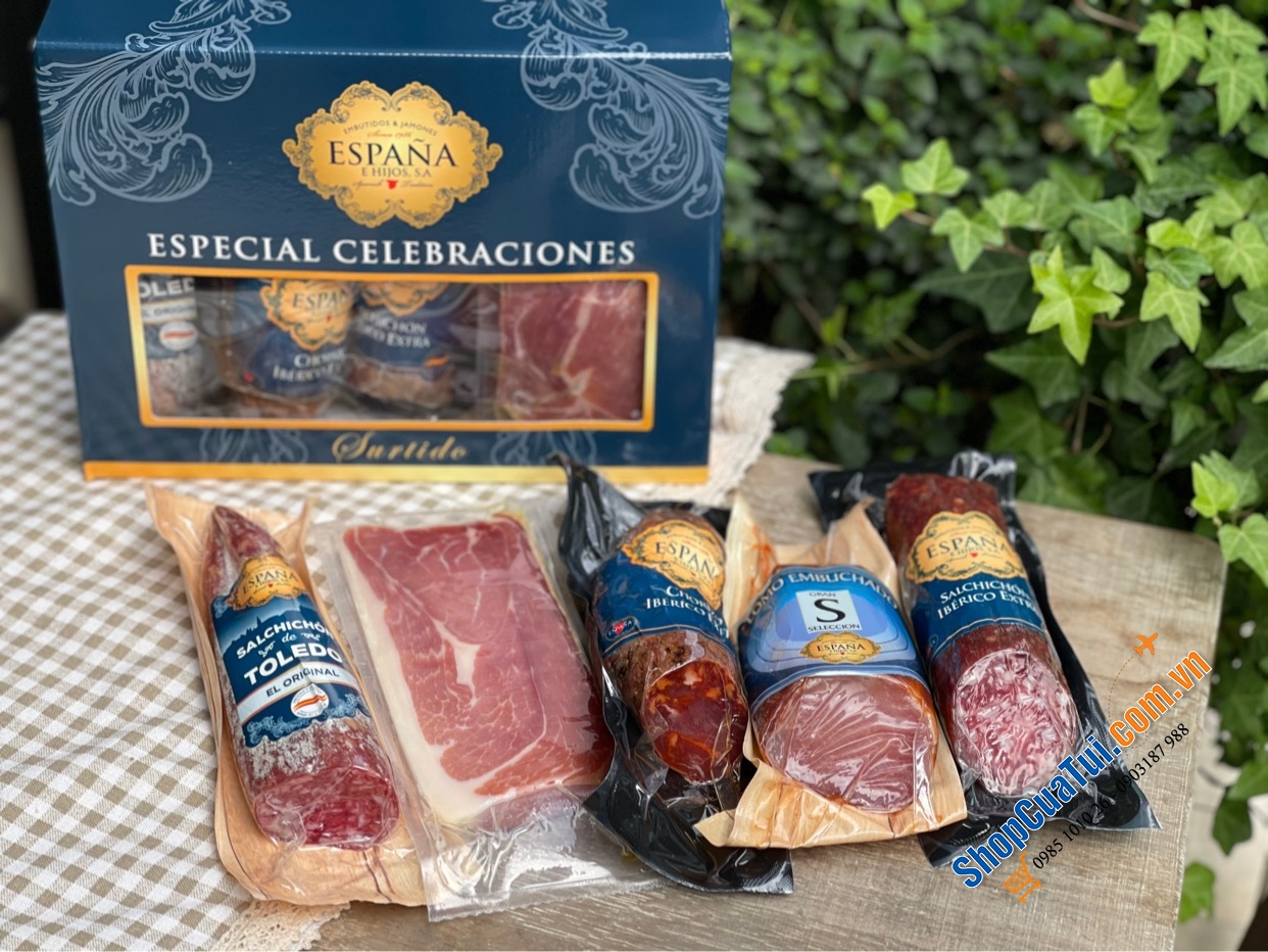 SET 5 MÓN JAMON VÀ SALAMI ESPAÑA E HIJOS TÂY BAN NHA, hàng loại cao cấp làm từ thịt lợn đen Iberico