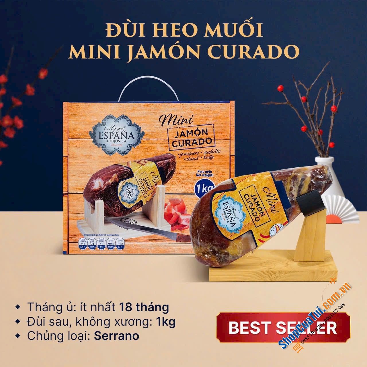 Thịt heo muối Espana Mini Jamon Curado Tây Ban Nha 1kg (lợn trắng)