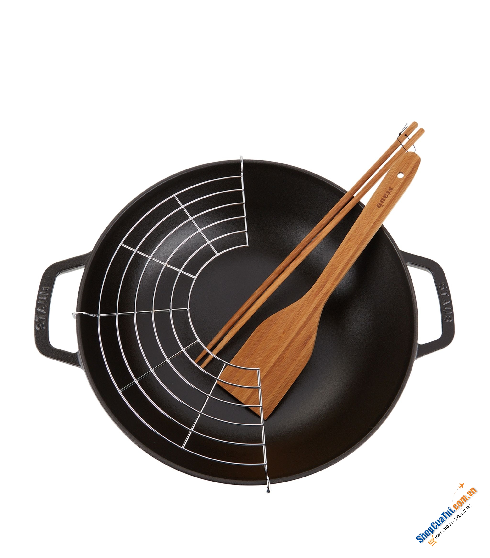 CHẢO GANG XÀO RÁN STAUB 30 CM ĐEN KÈM VỈ RÁO DẦU.
