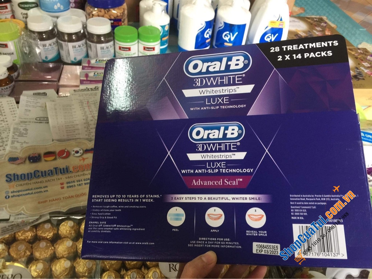 Miếng dán trắng răng Oral-B 3D White Luxe Advance Seal 2x14 Packs Whitening Treatments hộp vuông to (2 x 14 gói)