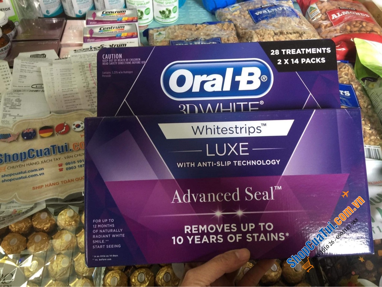 Miếng dán trắng răng Oral-B 3D White Luxe Advance Seal 2x14 Packs Whitening Treatments hộp vuông to (2 x 14 gói)