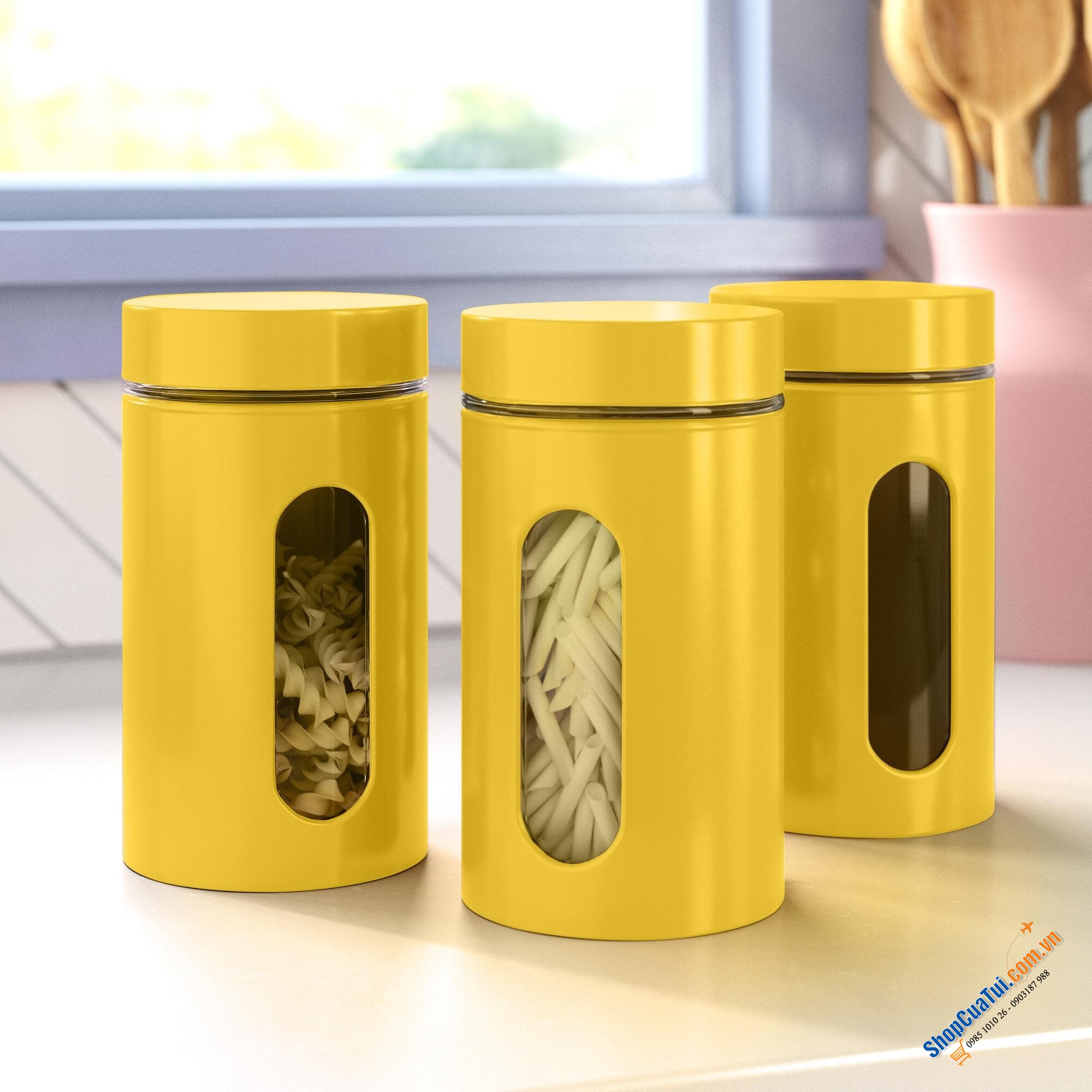 Sét 3 hộp thủy tinh Premier Houseware màu vàng siêu đẹp, siêu sang - hộp đựng, hũ đựng