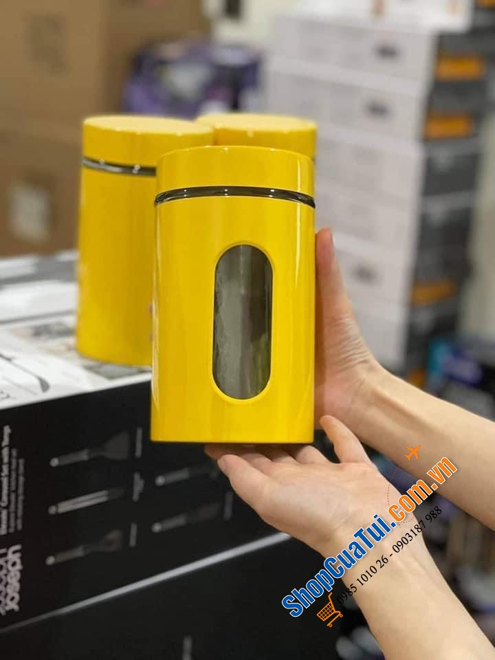 Sét 3 hộp thủy tinh Premier Houseware màu vàng siêu đẹp, siêu sang - hộp đựng, hũ đựng