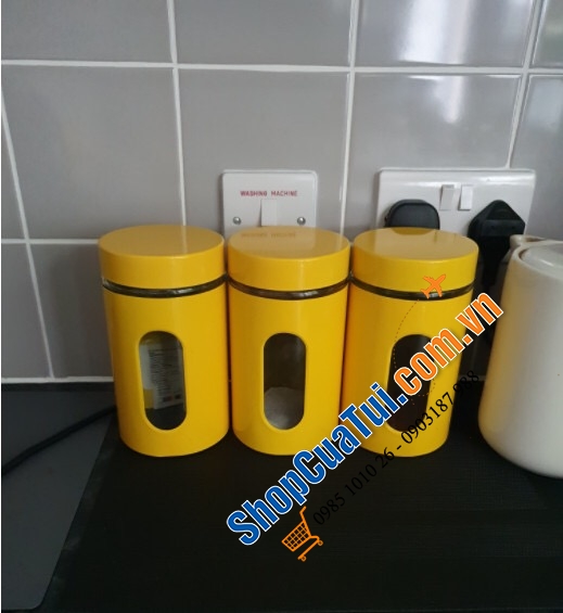 Sét 3 hộp thủy tinh Premier Houseware màu vàng siêu đẹp, siêu sang - hộp đựng, hũ đựng