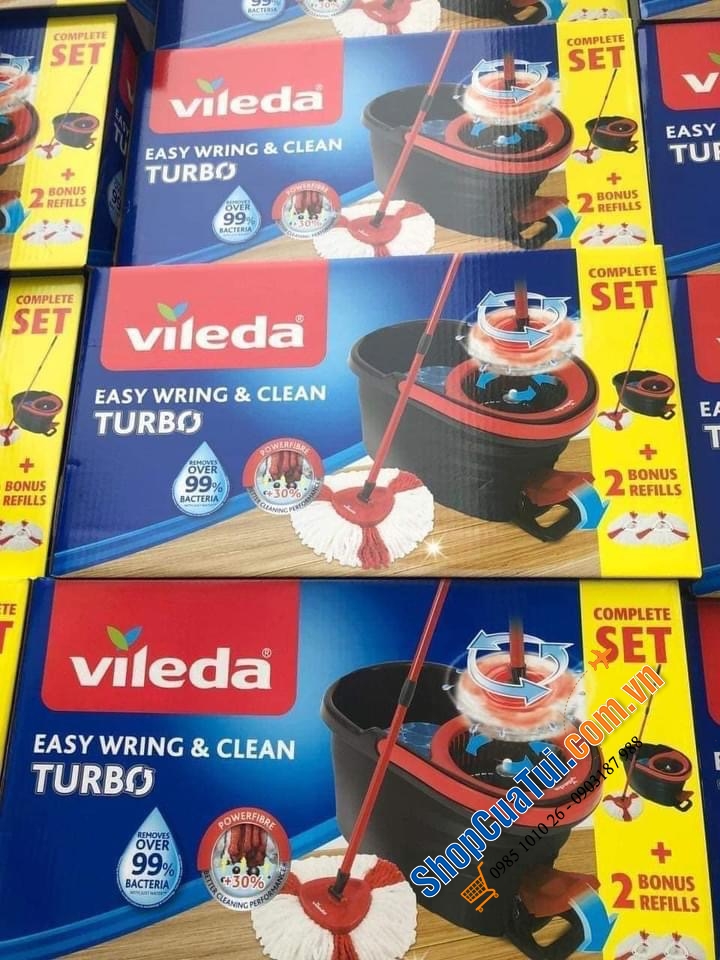 CHẬU LAU NHÀ VILEDA TURBO EASYWRING & CLEAN gồm bộ 1 cây lau nhà có tay cầm và xô hoạt động bằng bàn đạp với vòng xoáy điện và vòi mở + 3 khăn