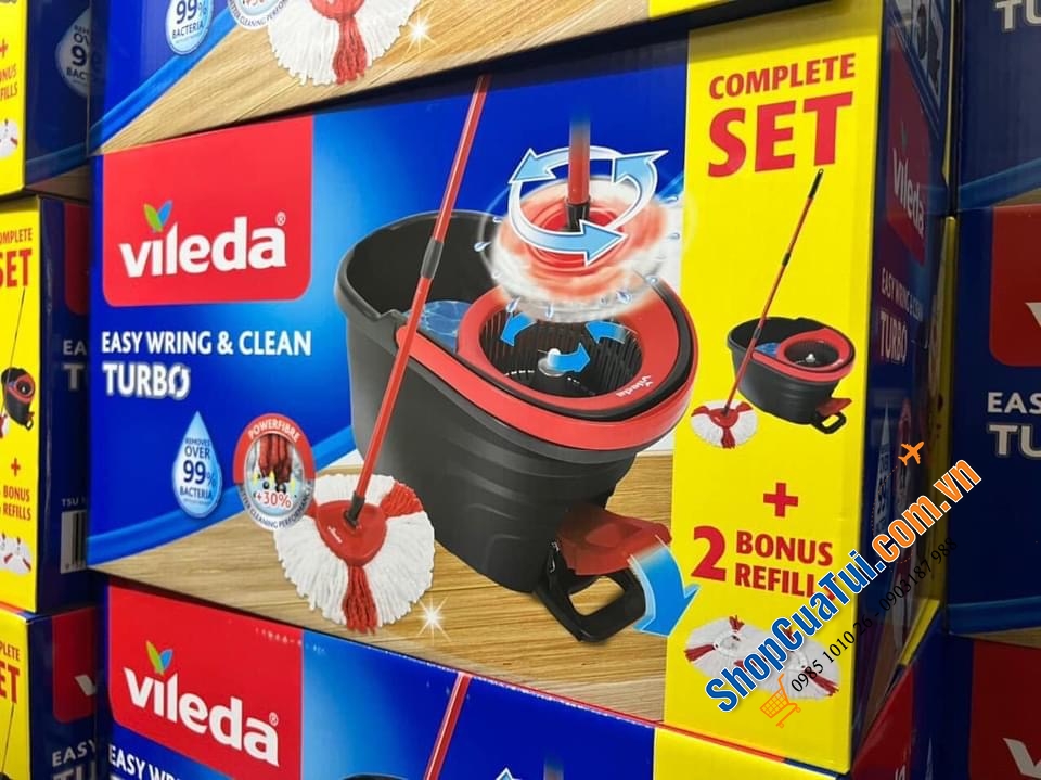 CHẬU LAU NHÀ VILEDA TURBO EASYWRING & CLEAN gồm bộ 1 cây lau nhà có tay cầm và xô hoạt động bằng bàn đạp với vòng xoáy điện và vòi mở + 3 khăn