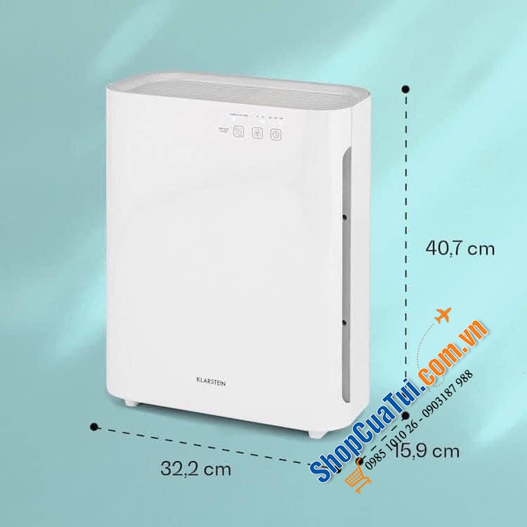 Máy lọc không khí Klarstein cho phòng 40m2 - hiệu quả với hệ thống lọc 5 lớp: bộ lọc trước, HEPA và bộ lọc than hoạt tính, đèn UV-C và máy ion hóa, lý tưởng cho các phòng có diện tích lên đến 40m²