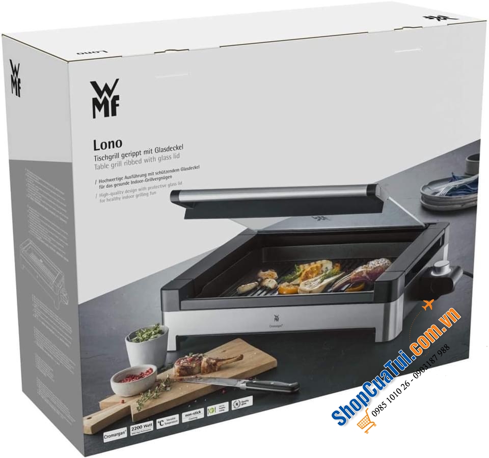 Bếp nướng WMF Lono 415430011 có nắp kính, lên tới 5 mức nhiệt độ khi nướng
