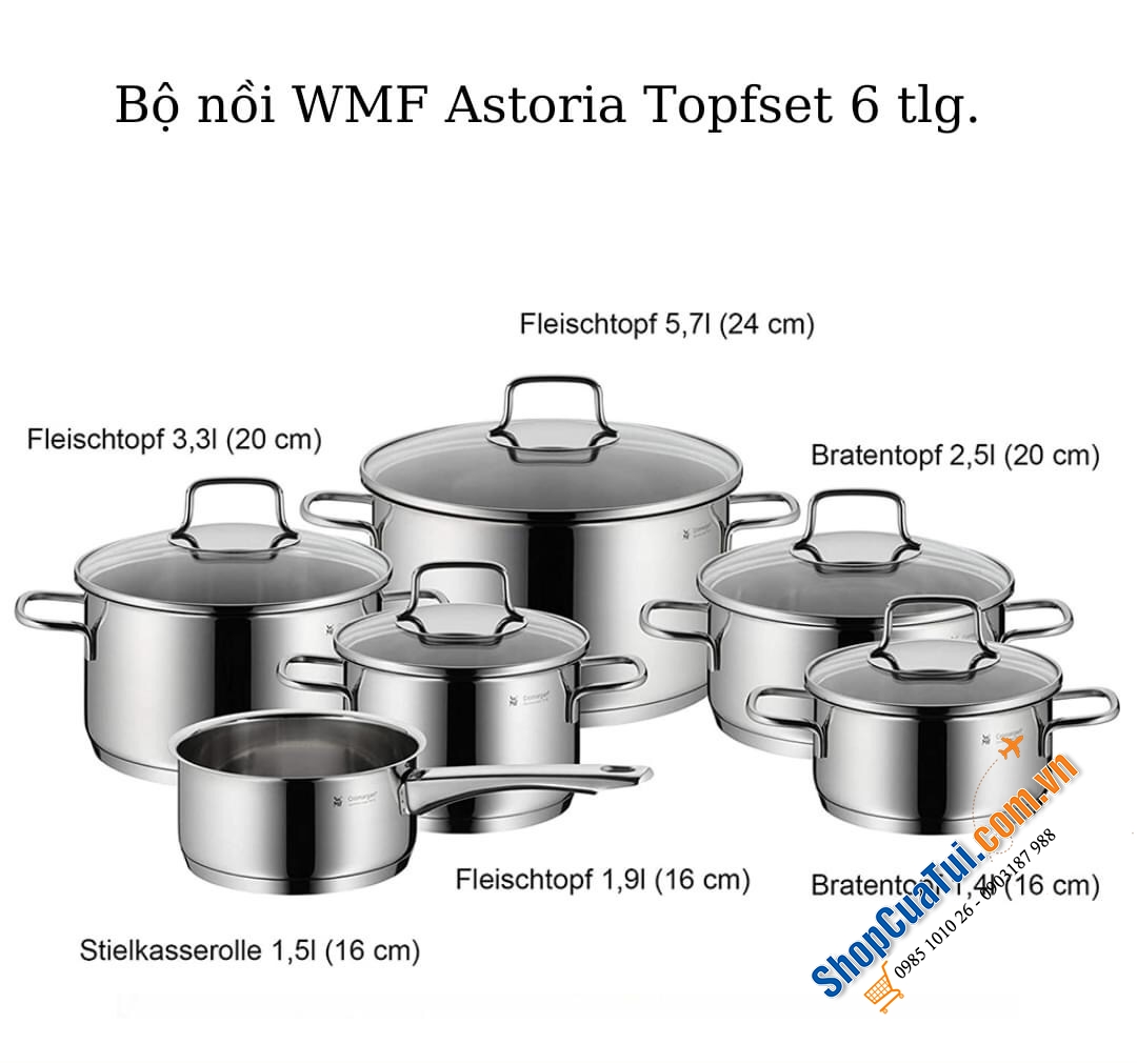 BỘ NỒI ĐỨC WMF ASTORIA TOPFSET 6 MÓN SIÊU ĐẸP - đáng để đầu tư lâu dài