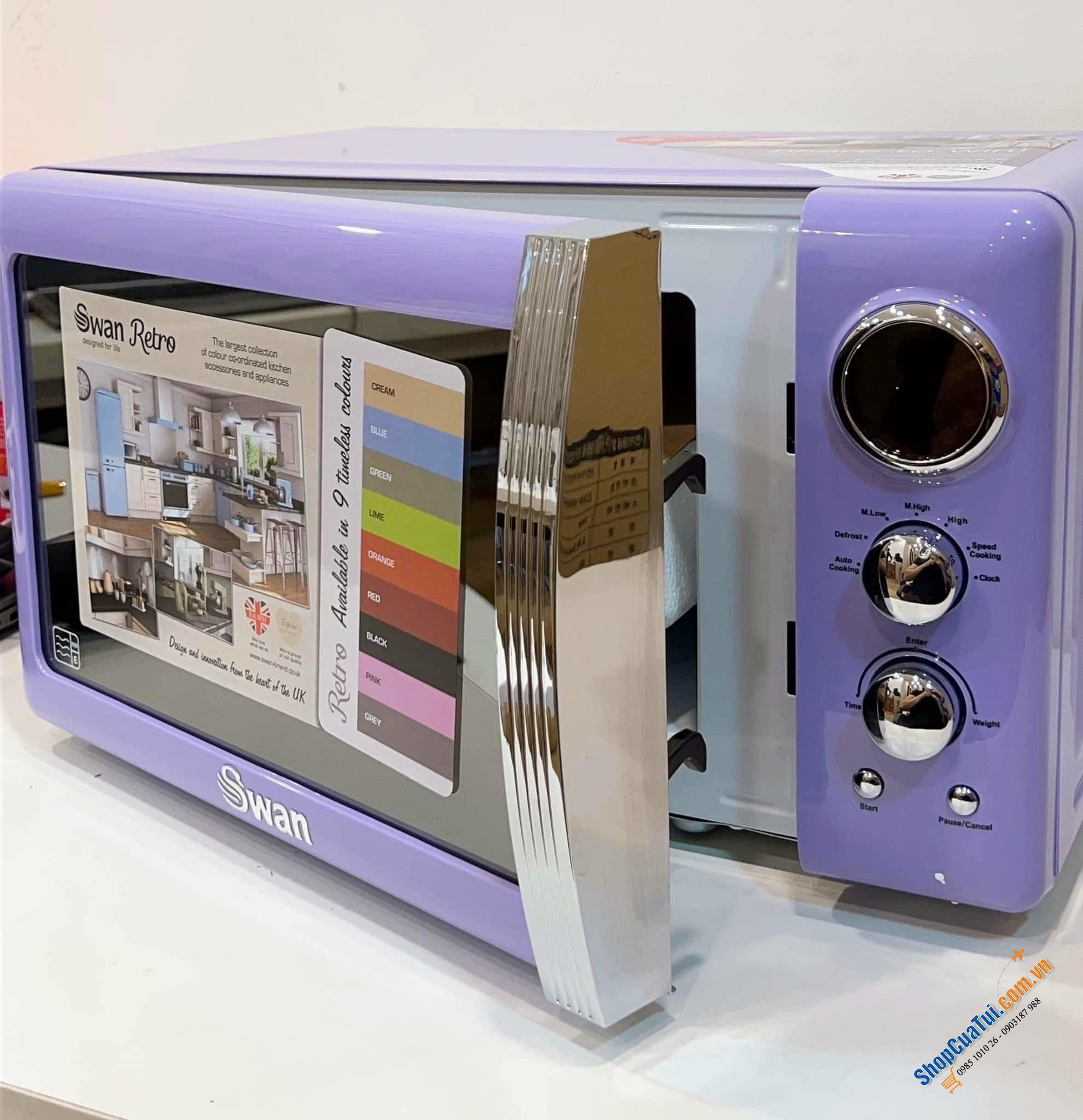 Lò vi sóng Swan - Phong cách Retro siêu sang dung tích 20 lít rộng rãi để hâm nóng nhiều loại thực phẩm và bàn xoay thủy tinh, công suất 800w