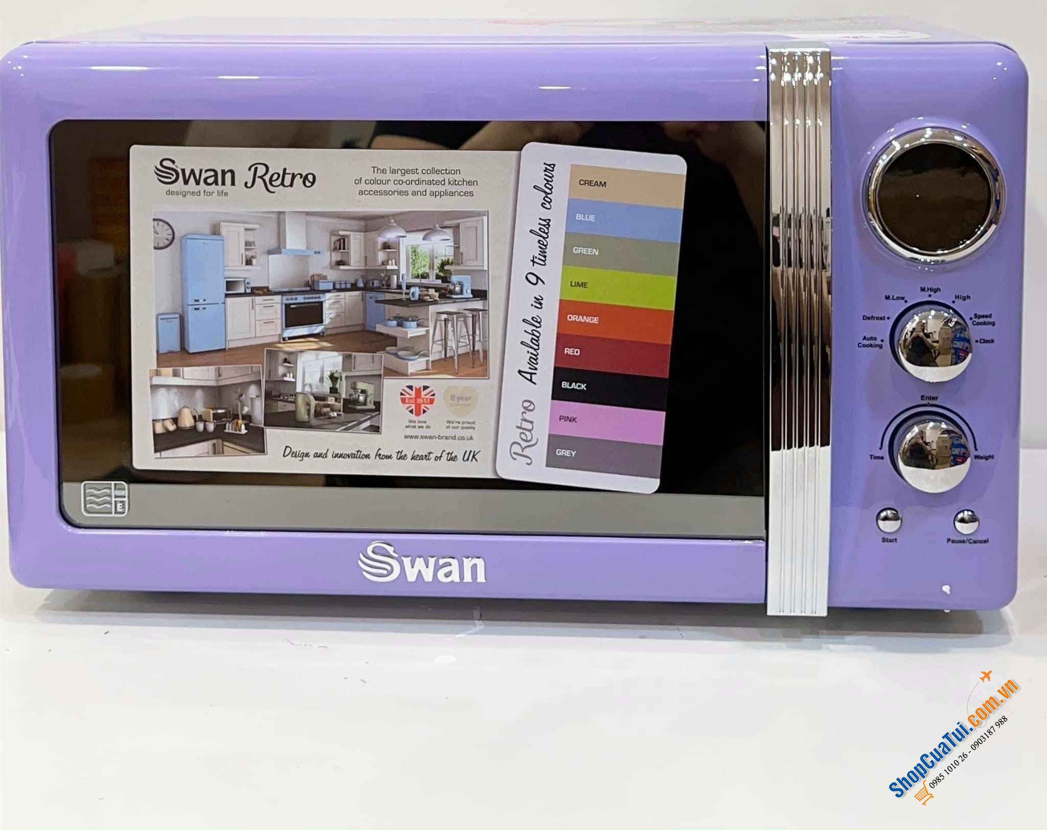 Lò vi sóng Swan - Phong cách Retro siêu sang dung tích 20 lít rộng rãi để hâm nóng nhiều loại thực phẩm và bàn xoay thủy tinh, công suất 800w