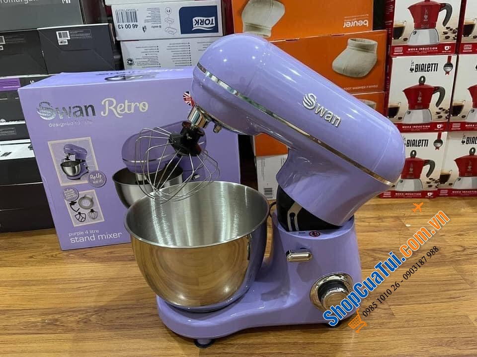 Máy trộn bột Swan Retro - tím đẹp mộng mơ Công suất 800w mạnh mẽ, 8 tốc độ thay đổi và chức năng xung, nhẹ nhàng đánh, gấp và trộn