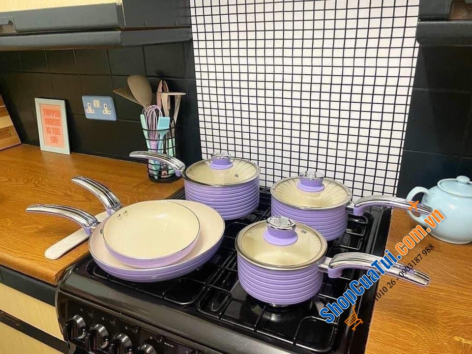 Sét nồi chảo Swan tím siêu đẹp 5 món: 3 nồi và 2 chảo