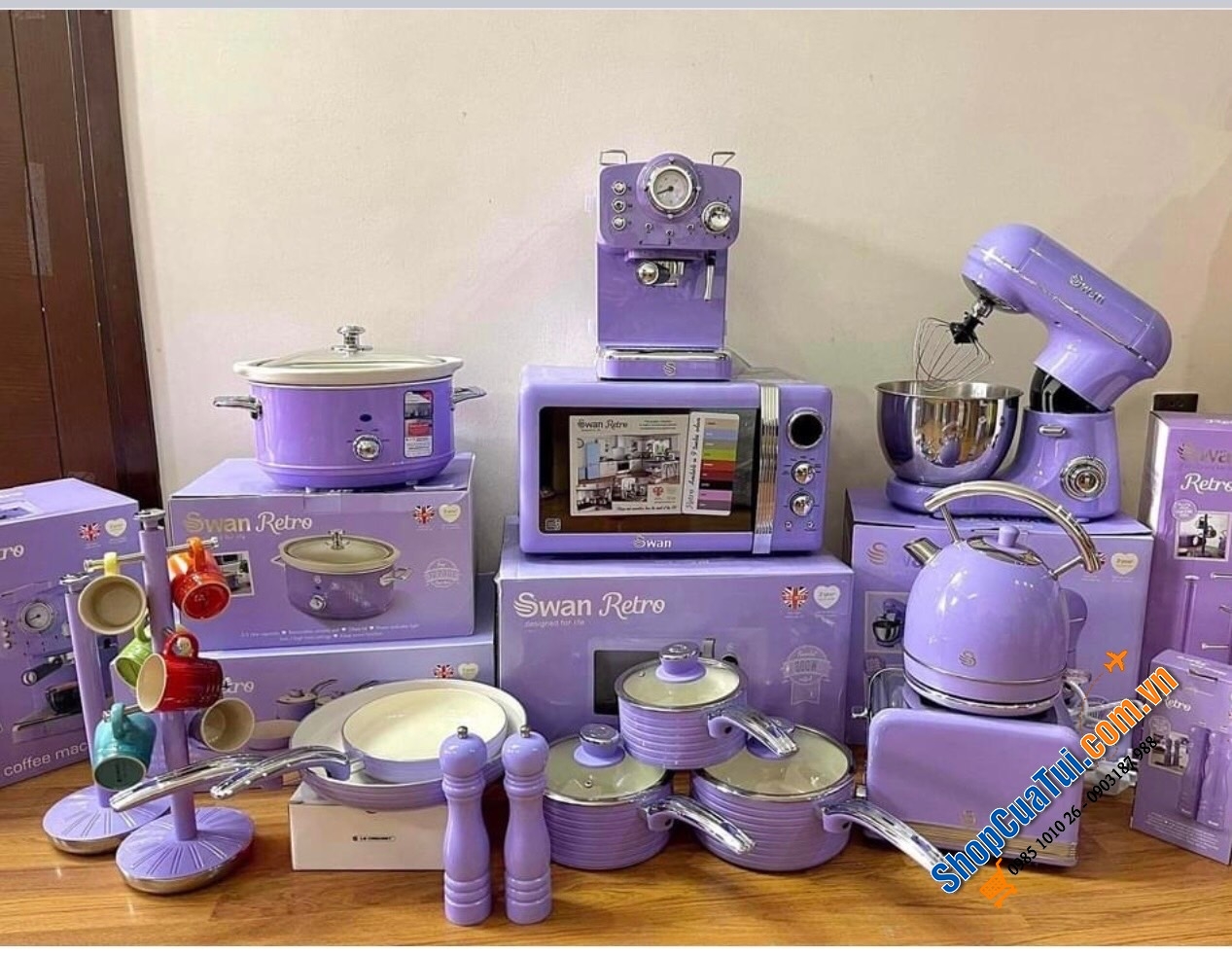 Sét nồi chảo Swan tím siêu đẹp 5 món: 3 nồi và 2 chảo