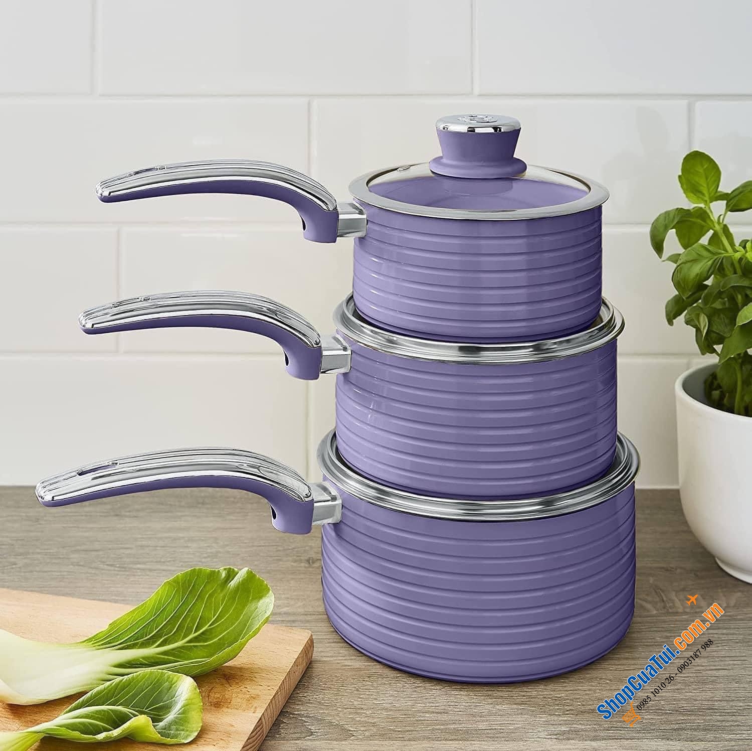Sét nồi chảo Swan tím siêu đẹp 5 món: 3 nồi và 2 chảo