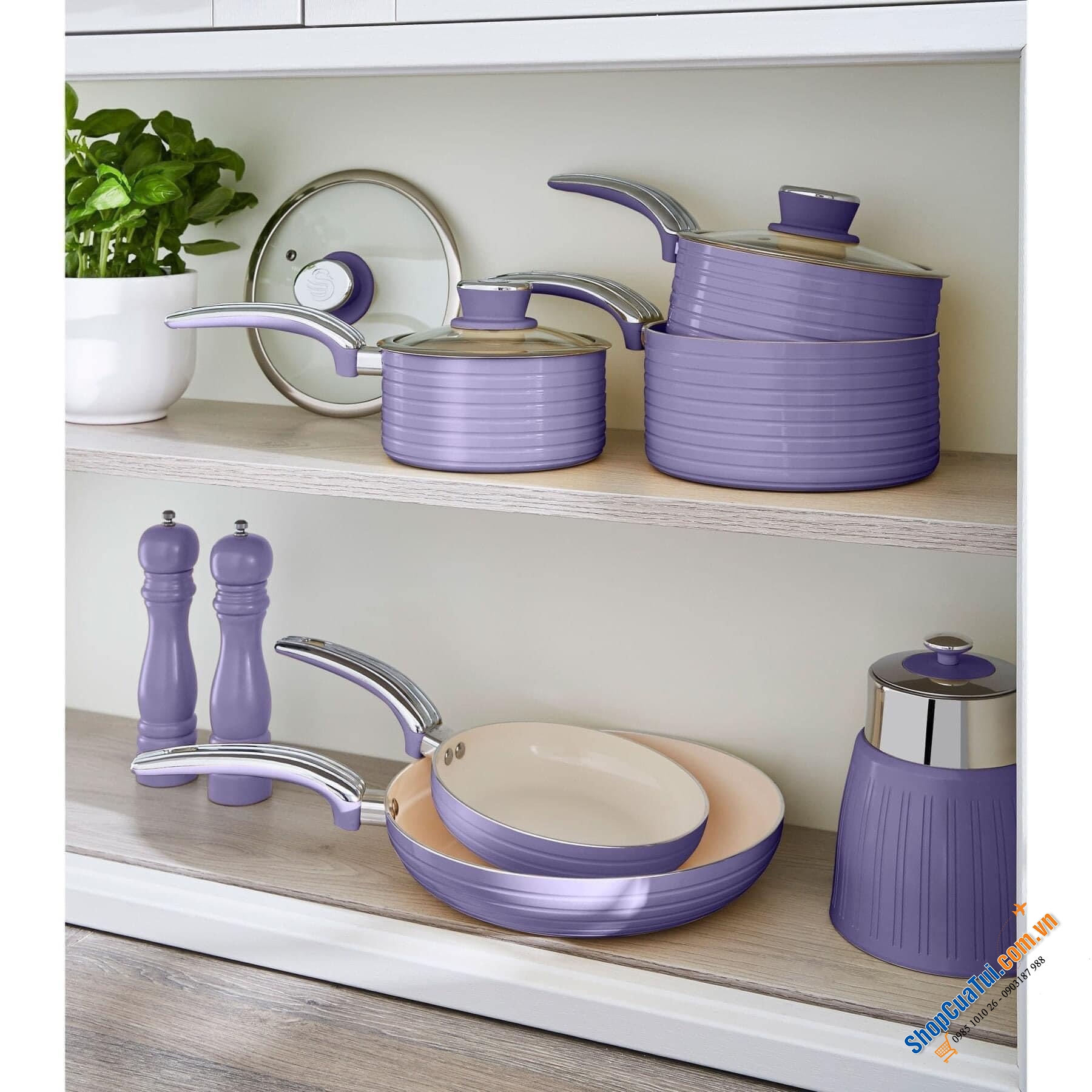 Sét nồi chảo Swan tím siêu đẹp 5 món: 3 nồi và 2 chảo