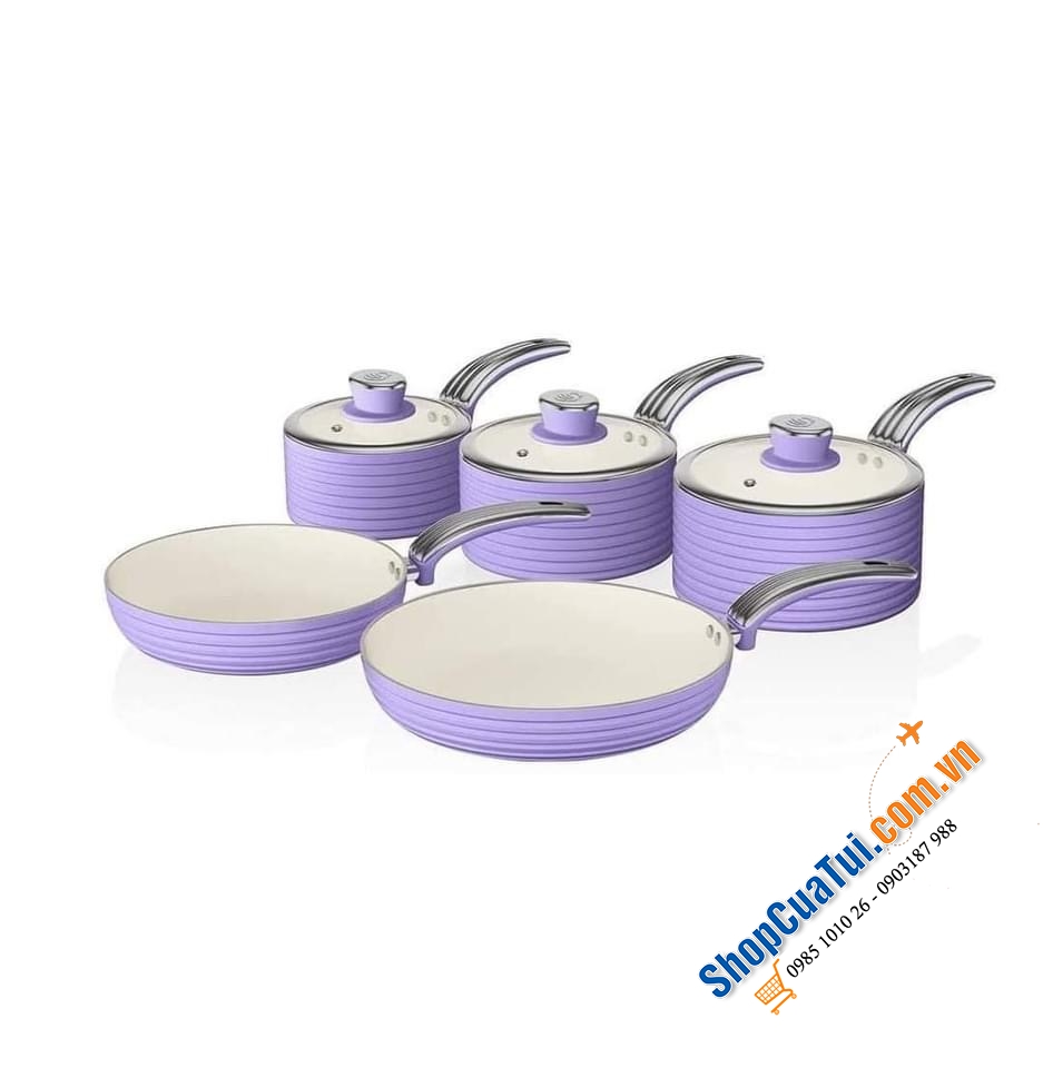 Sét nồi chảo Swan tím siêu đẹp 5 món: 3 nồi và 2 chảo