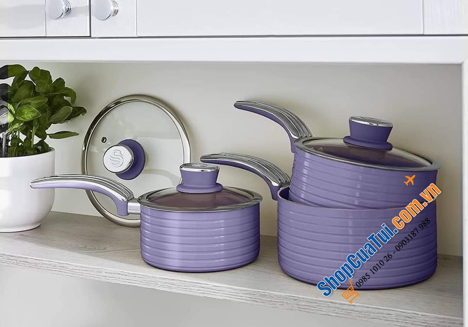 Sét nồi chảo Swan tím siêu đẹp 5 món: 3 nồi và 2 chảo