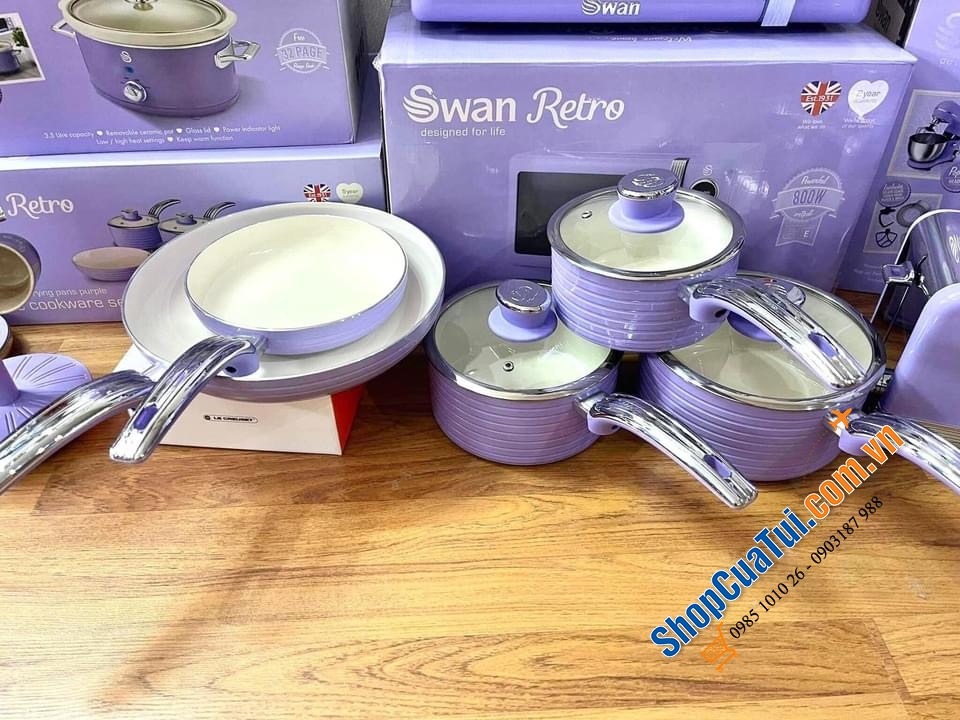 Sét nồi chảo Swan tím siêu đẹp 5 món: 3 nồi và 2 chảo