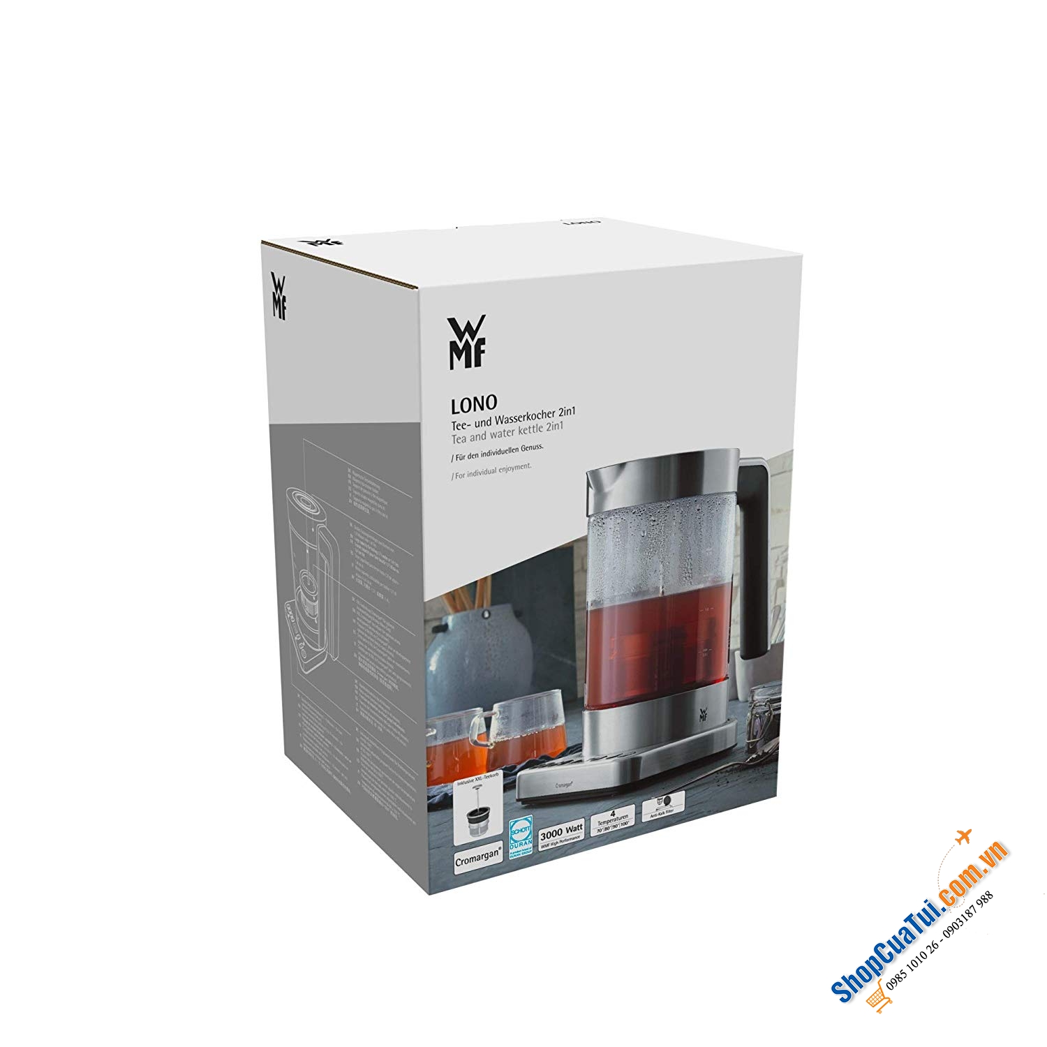 WMF LONO Tee- und Wasserkocher 2in1 loại to 1,7 lít - Ấm pha trà và đun siêu tốc dành cho những người yêu trà, công suất mạnh mẽ 3000w