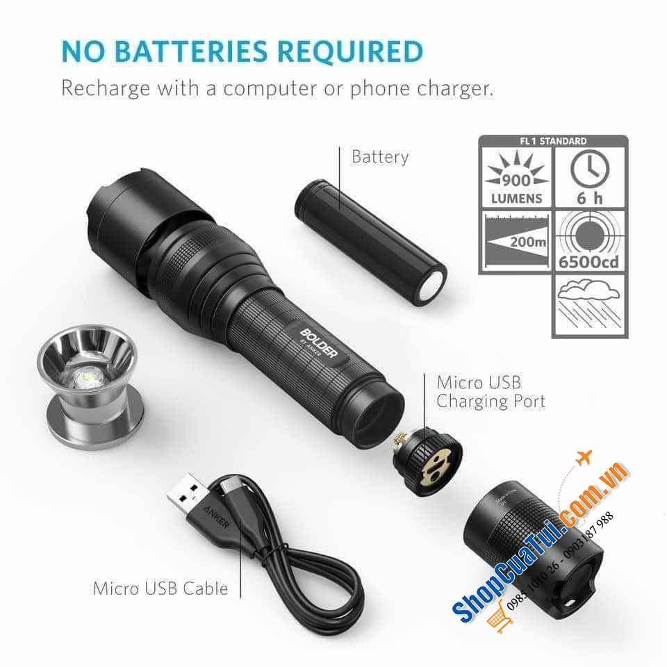 Đèn pin LED Anker LC40 - pin sạc tới 20h sử dụng, có các chế độ Cho Gia Đình, Cắm Trại, Đi Bộ, Đi Xe Đạp. Sử Dụng Khẩn Cấp