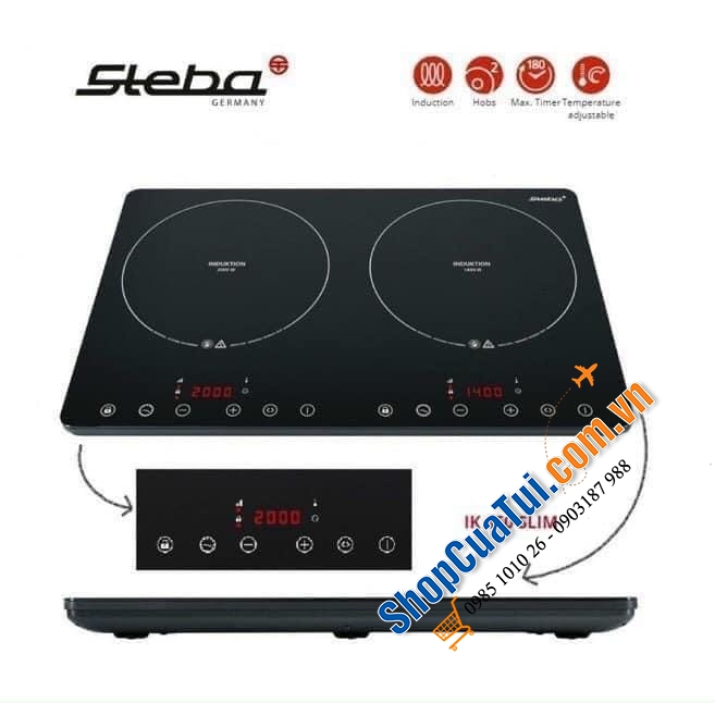 Bếp từ đôi Bếp từ 2 vùng nấu Steba ik650 kiểm soát nhiệt độ 60-240 ° C, với 8 mức công suất từ 300 - 2.000 W