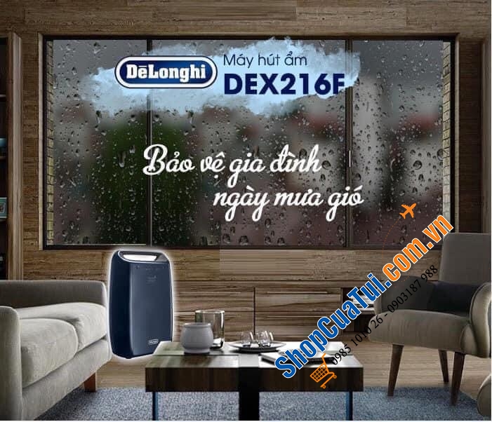 MÁY HÚT ẨM DELONGHI DEX16F - công suất hút 16 lít/ ngày giúp nhà cửa luôn khô ráo, sạch sẽ không nồm ẩm mốc, tránh virus sinh sôi cho phòng lên tới 75m2