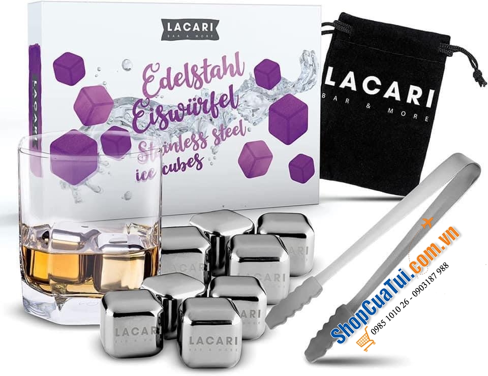 Set 8 viên đá inox LACARI  (kèm theo 1 cây gắp) - DÒNG CAO CẤP TẠI ĐỨC - đem lại cảm giác mát lạnh mà không mất đi hương vị nguyên thuỷ của đồ uống
