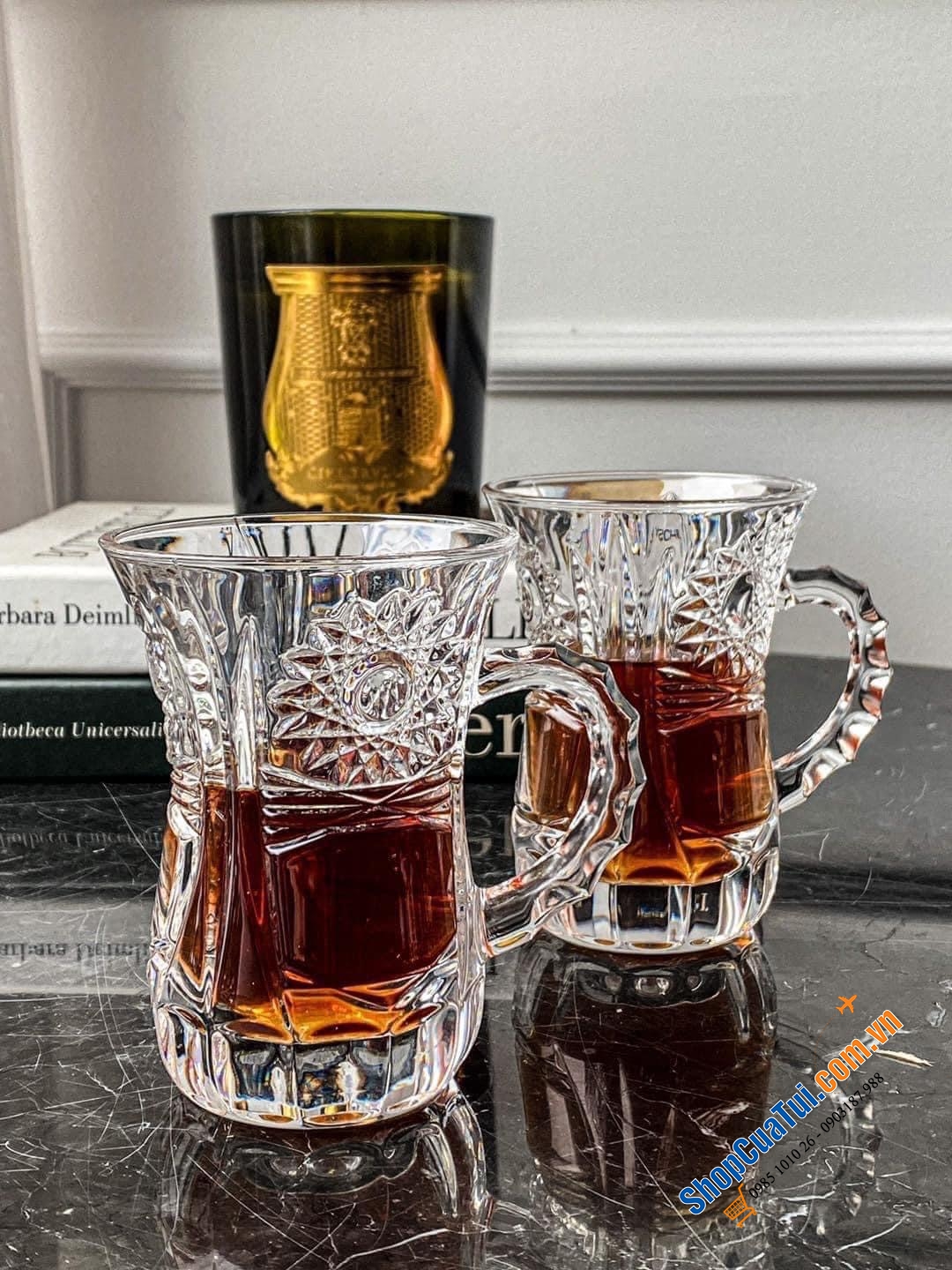 Set 6 ly trà pha lê mài Bohemia, dung tích 120ml -  hoa văn PHA LÊ MÀI M57 BOHEMIA chuyên dùng cho rượu whisky, uống trà…- sản xuất tại Séc