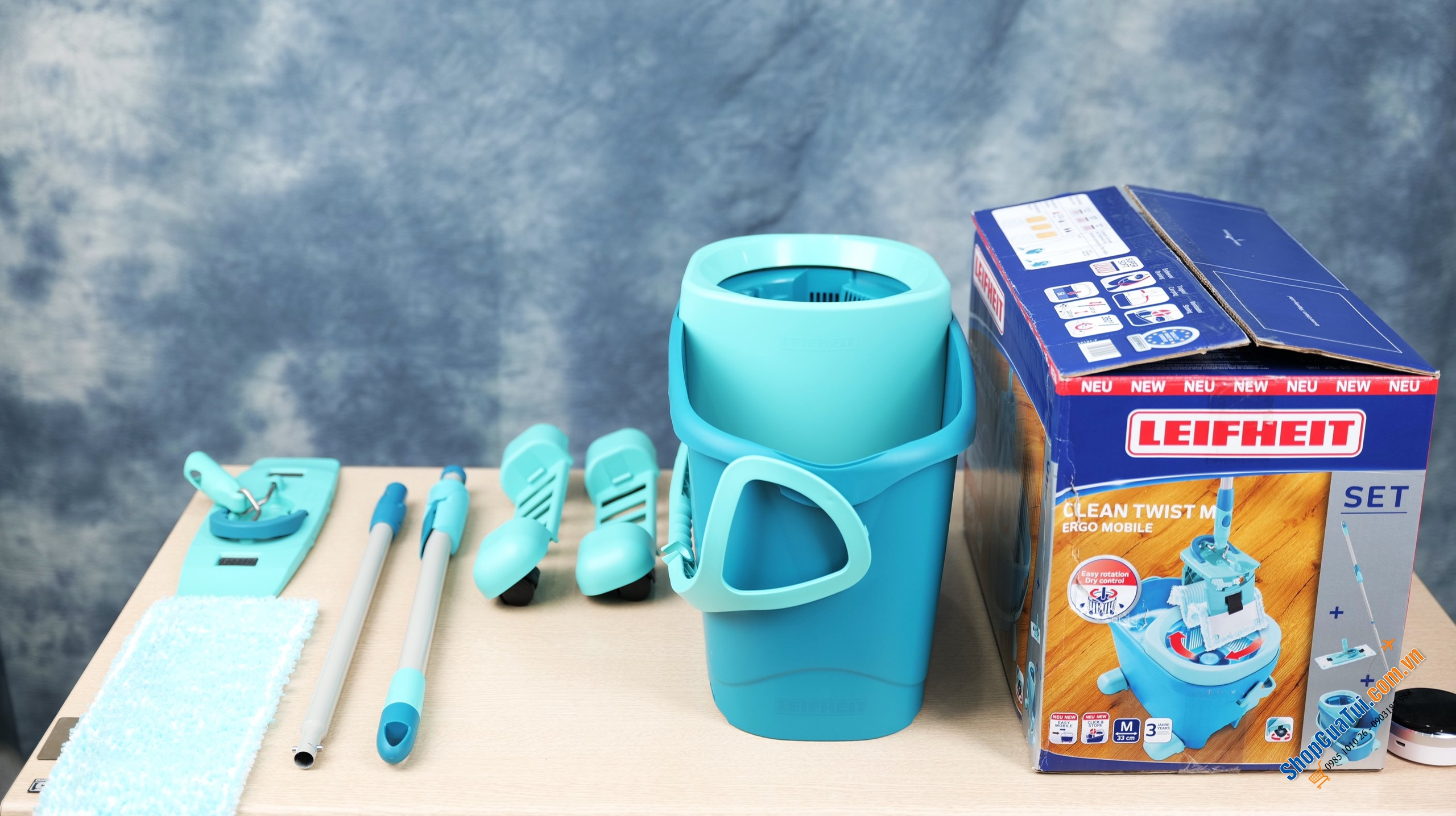 Cây Lau Nhà Leifheit 52102 Twist Ergo Mobile hình tròn - có bánh lăn, vệ sinh nhà cửa trở lên quá đơn giản