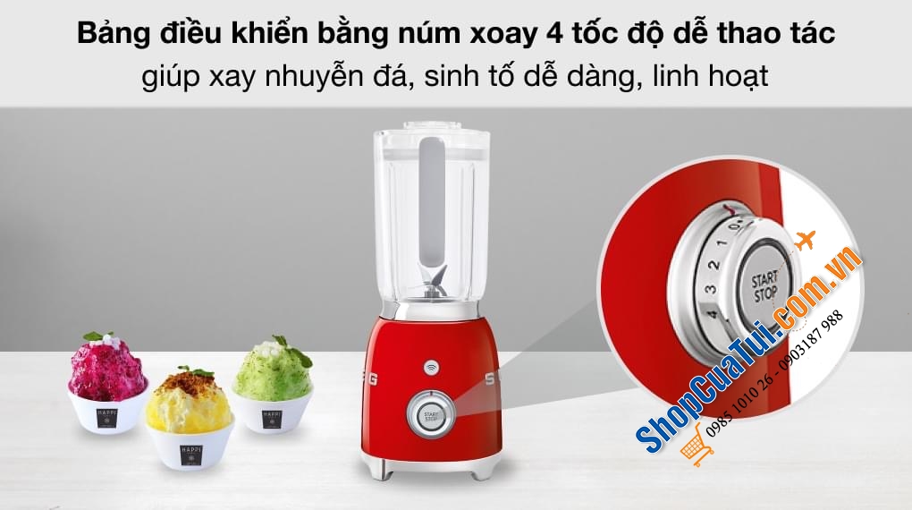 MÁY XAY SINH TỐ SMEG BLF01RDEU Red màu đỏ với thiết kế hiện đại, bắt mắt ngoài xay nhuyễn trái cây còn nghiền đá với động cơ mạnh mẽ, đem đến ly sinh tố nhuyễn mịn vừa ý