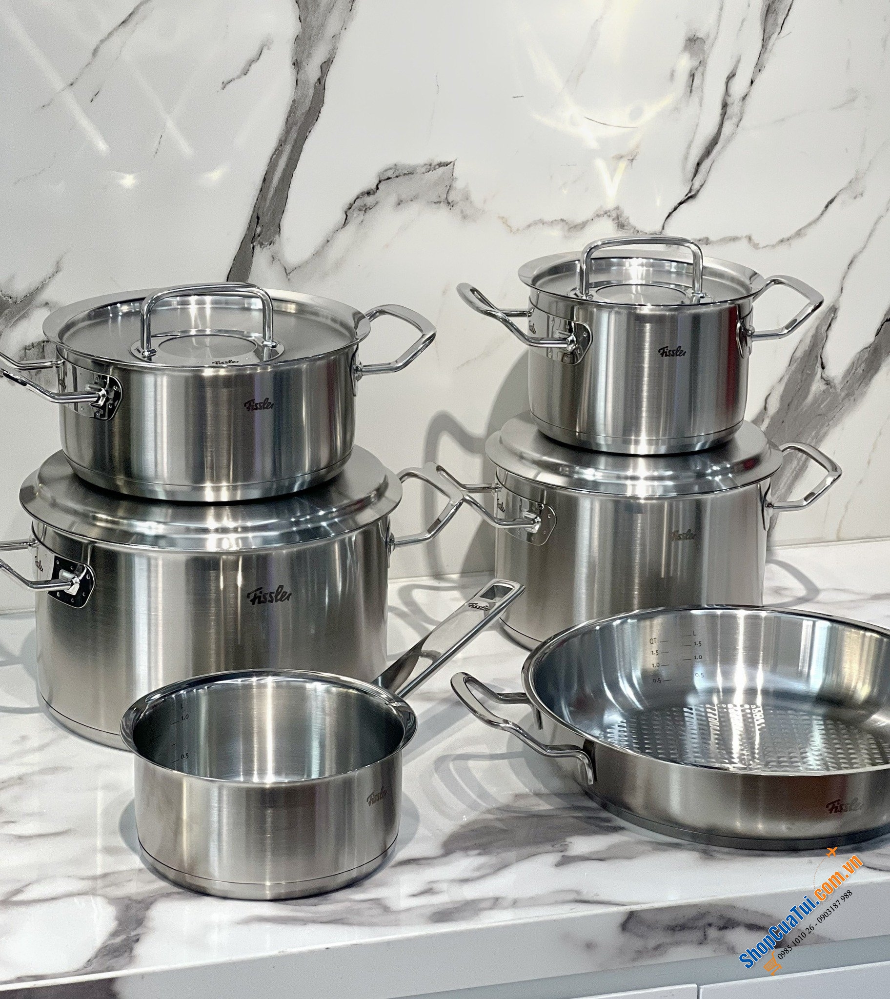 BỘ NỒI 6 MÓN FISSLER ORIGINAL PROFI COLLECTION MADE IN GERMANY(NẮP THÉP) gồm 4 nồi, 1 quánh và 1 chảo 2 quai