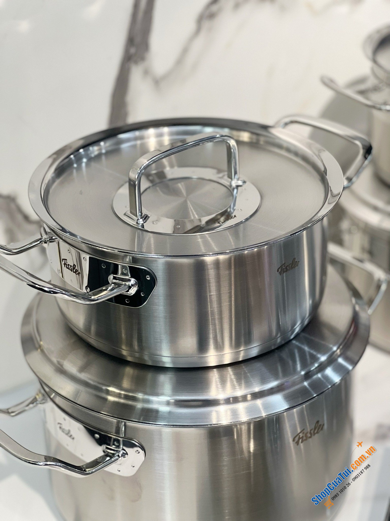 BỘ NỒI 6 MÓN FISSLER ORIGINAL PROFI COLLECTION MADE IN GERMANY(NẮP THÉP) gồm 4 nồi, 1 quánh và 1 chảo 2 quai