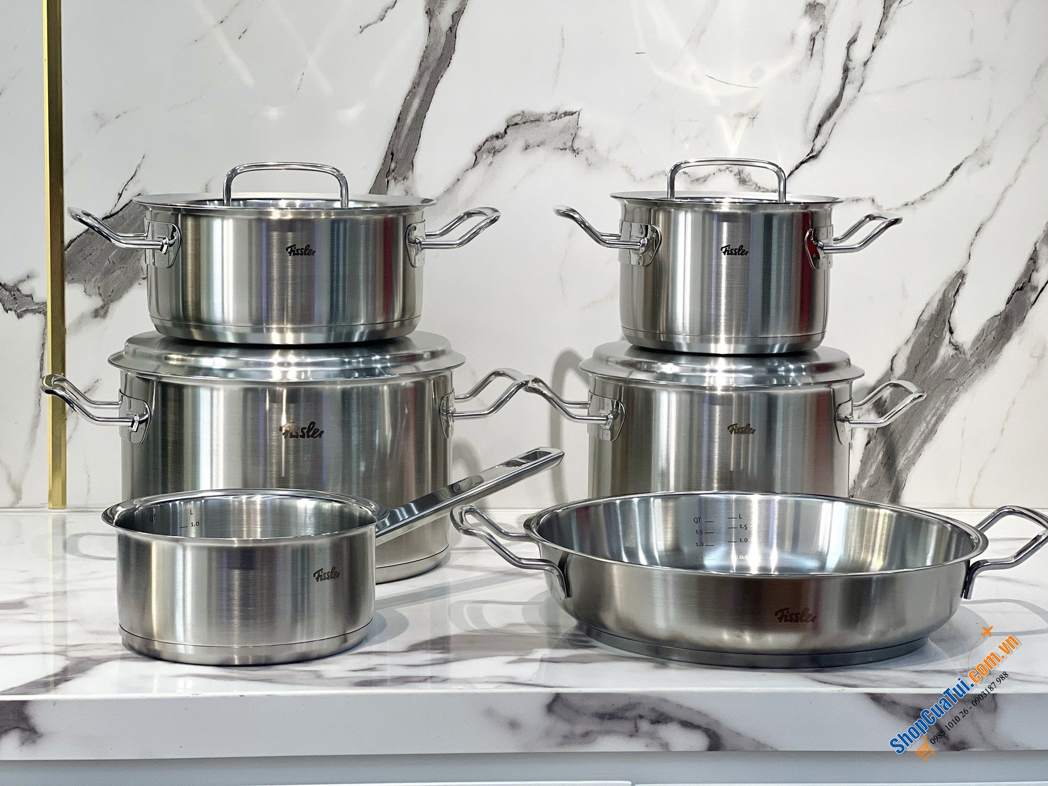 BỘ NỒI 6 MÓN FISSLER ORIGINAL PROFI COLLECTION MADE IN GERMANY(NẮP THÉP) gồm 4 nồi, 1 quánh và 1 chảo 2 quai