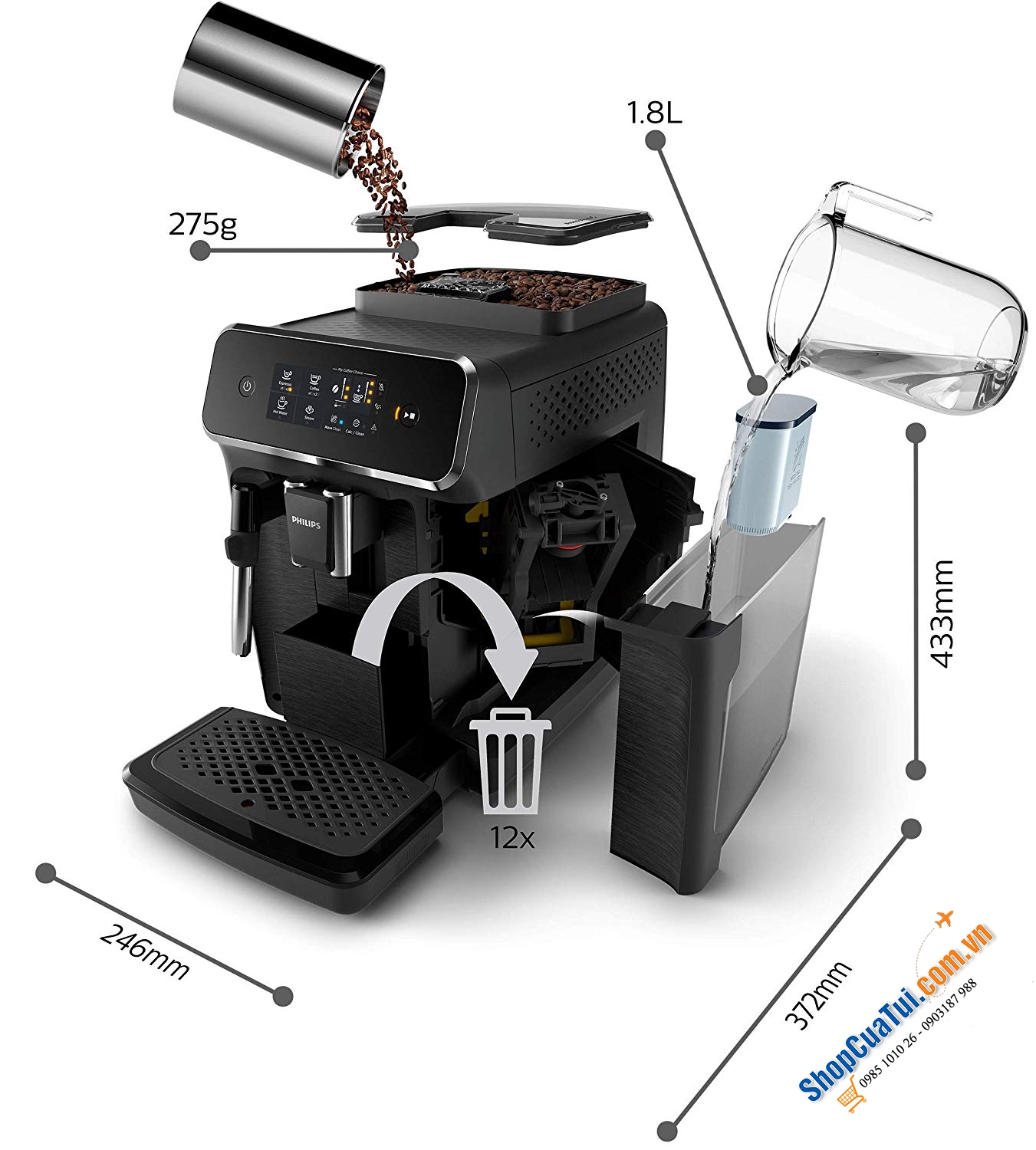 Máy Pha Cà Phê Philips EP2230/10 Serie 2200 SIÊU KHOẺ - SIÊU BỀN - Thưởng thức 3 loại vị cà phê espresso mạnh, cà phê thơm hay thức uống sữa kem chỉ với một nút bấm