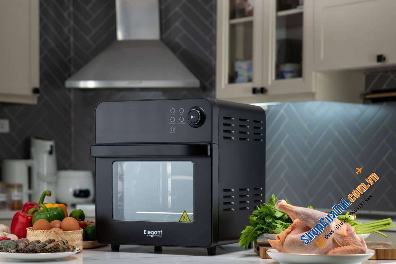 NỒI CHIÊN KHÔNG DẦU ELEGANT AF529T Germany không cần lật, trở thức ăn mà vẫn đảm bảo thức ăn sẽ chín đều hai mặt, có thể làm bánh, dung tích 14 lít chiên cả con gà