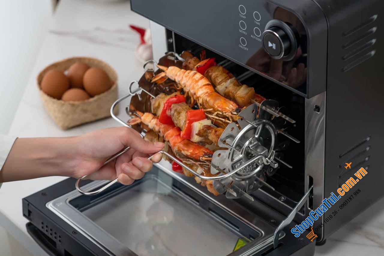 NỒI CHIÊN KHÔNG DẦU ELEGANT AF529T Germany không cần lật, trở thức ăn mà vẫn đảm bảo thức ăn sẽ chín đều hai mặt, có thể làm bánh, dung tích 14 lít chiên cả con gà