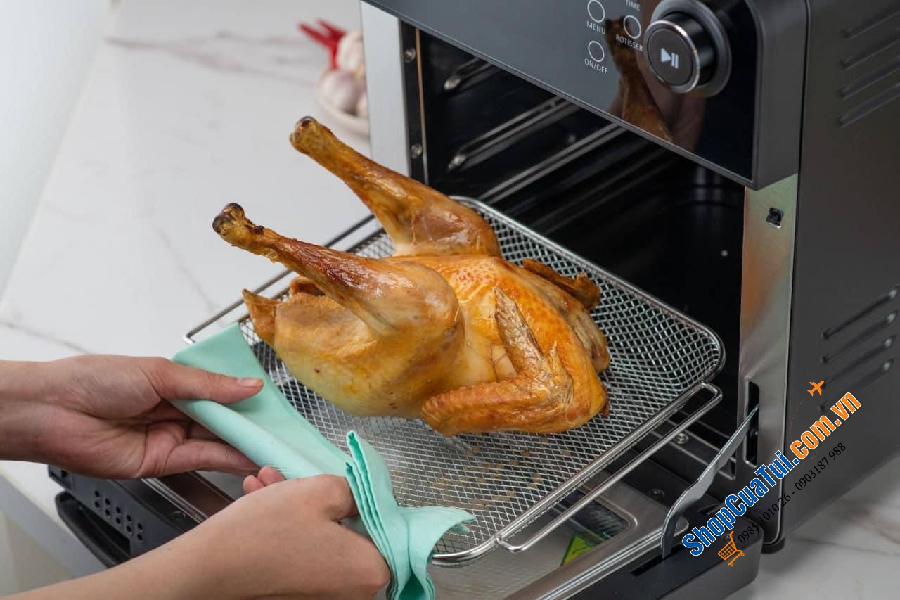 NỒI CHIÊN KHÔNG DẦU ELEGANT AF529T Germany không cần lật, trở thức ăn mà vẫn đảm bảo thức ăn sẽ chín đều hai mặt, có thể làm bánh, dung tích 14 lít chiên cả con gà