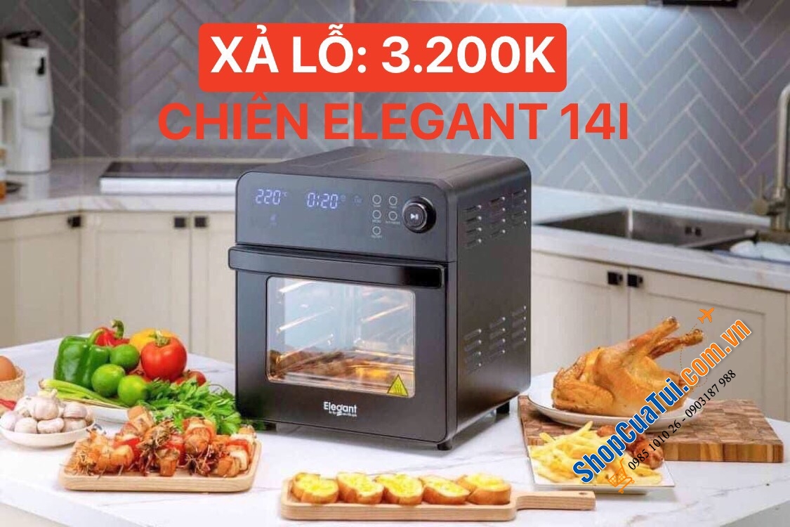 NỒI CHIÊN KHÔNG DẦU ELEGANT AF529T Germany không cần lật, trở thức ăn mà vẫn đảm bảo thức ăn sẽ chín đều hai mặt, có thể làm bánh, dung tích 14 lít chiên cả con gà