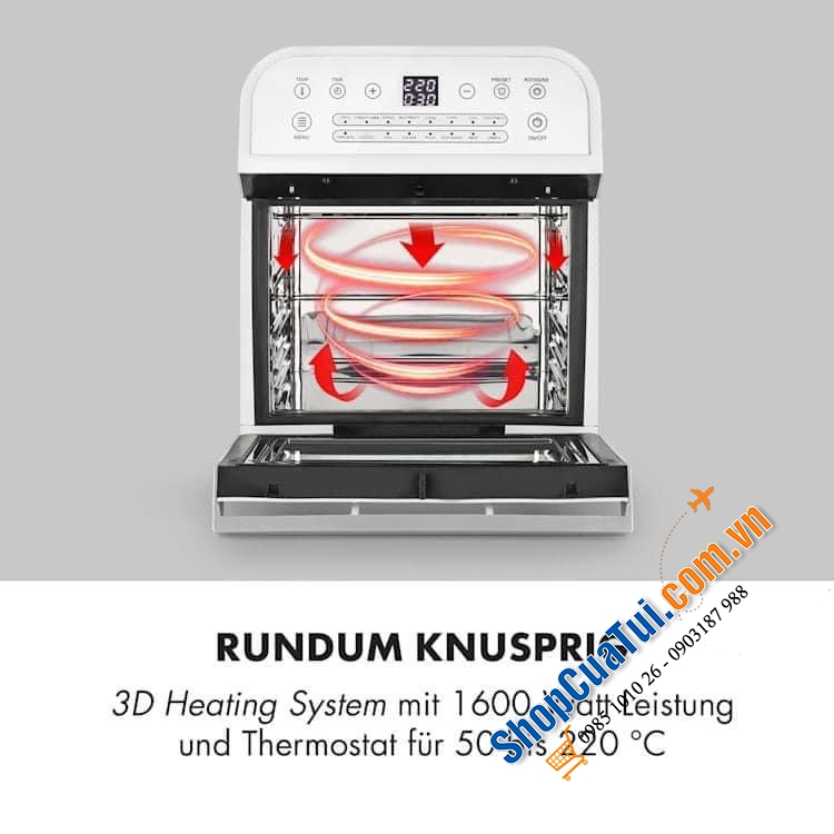 Nồi chiên không dầu KLARSTEIN 12L mẫu mới tích hợp 16 chương trình thông qua bảng cảm ứng như khoai tây chiên, pizza, bánh, cá, thịt, rau…v.v...