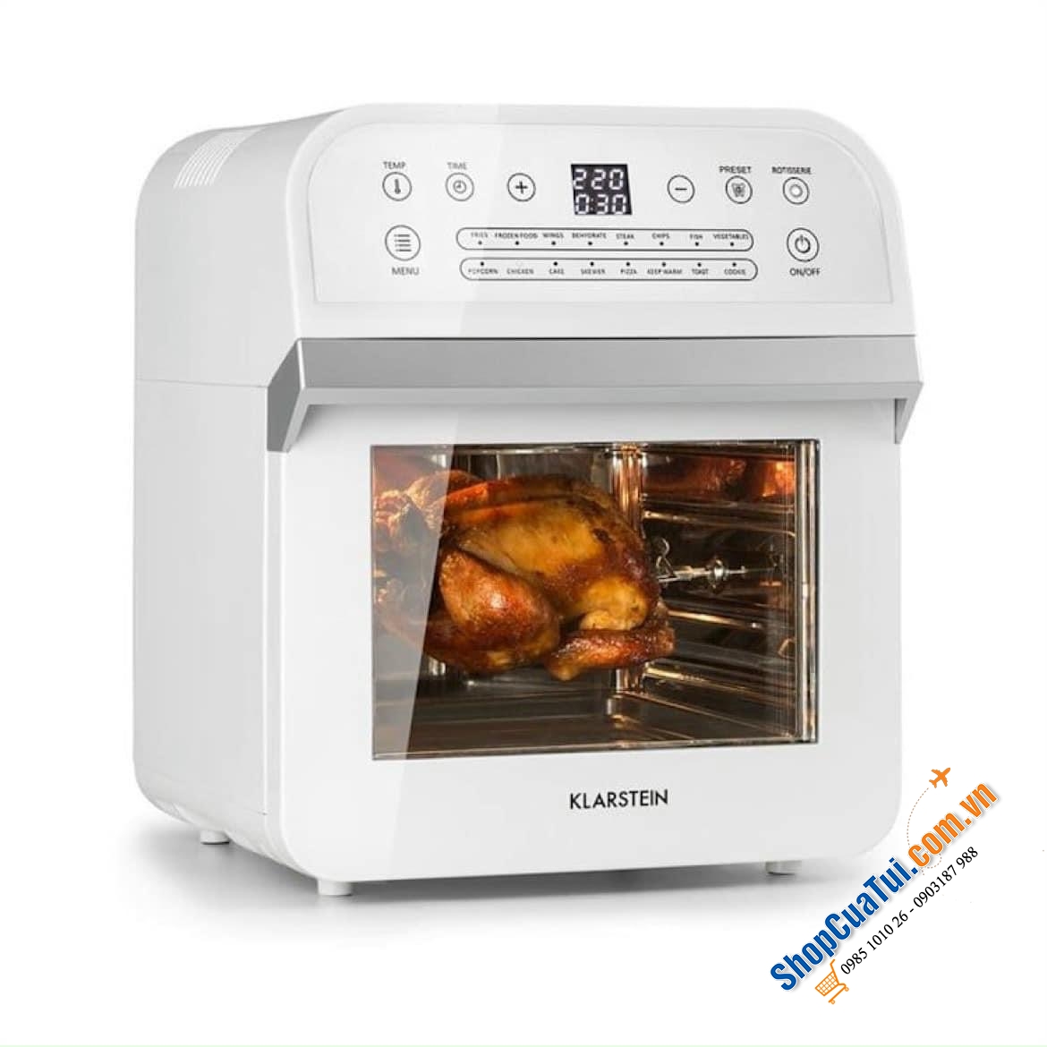 Nồi chiên không dầu KLARSTEIN 12L mẫu mới tích hợp 16 chương trình thông qua bảng cảm ứng như khoai tây chiên, pizza, bánh, cá, thịt, rau…v.v...