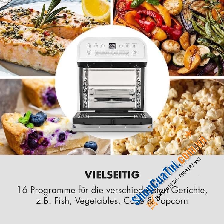 Nồi chiên không dầu KLARSTEIN 12L mẫu mới tích hợp 16 chương trình thông qua bảng cảm ứng như khoai tây chiên, pizza, bánh, cá, thịt, rau…v.v...