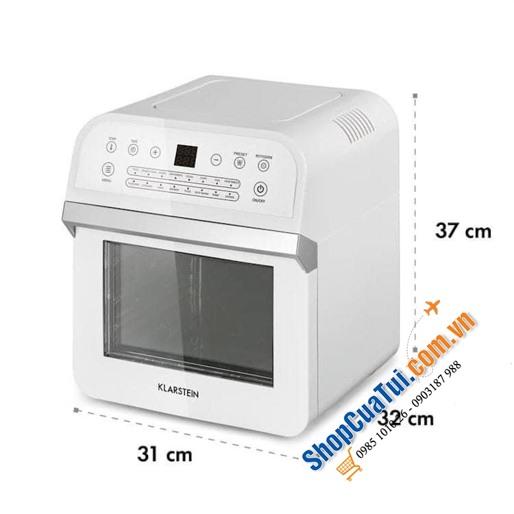 Nồi chiên không dầu KLARSTEIN 12L mẫu mới tích hợp 16 chương trình thông qua bảng cảm ứng như khoai tây chiên, pizza, bánh, cá, thịt, rau…v.v...