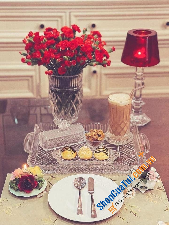 Đĩa để bơ có nắp chụp Dublin, pha lê hình hộp chữ nhật dùng để bơ, bánh ngọt, hoa quả, trang sức,...