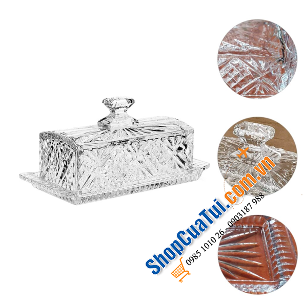 Đĩa để bơ có nắp chụp Dublin, pha lê hình hộp chữ nhật dùng để bơ, bánh ngọt, hoa quả, trang sức,...